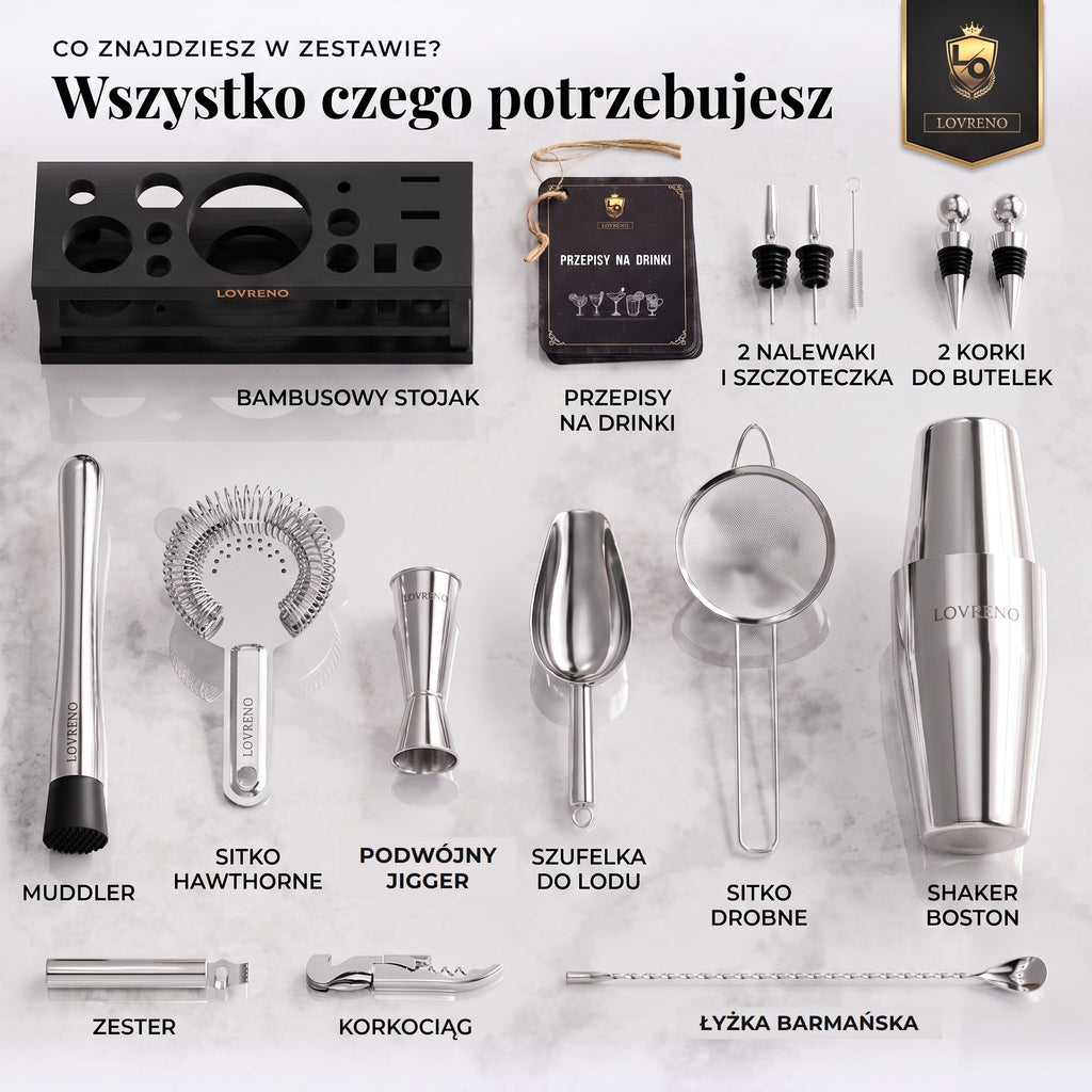 Zawartość zestawu Lovreno 16 elementów z opisami — shaker Boston, sitka, jigger, muddler