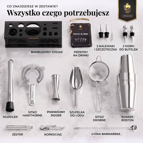 Zawartość zestawu Lovreno 16 elementów z opisami — shaker Boston, sitka, jigger, muddler