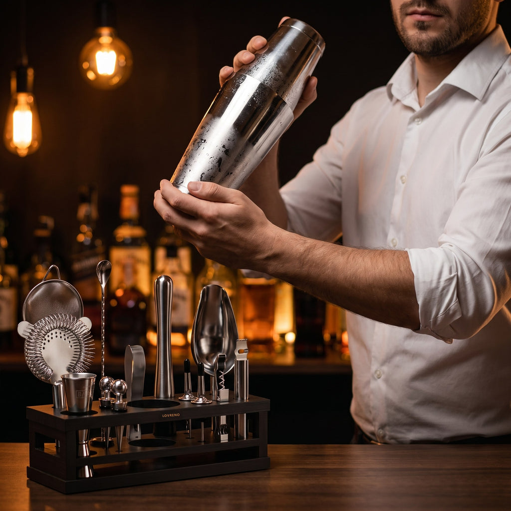 Barman wstrząsa shakerem Boston Lovreno za barem