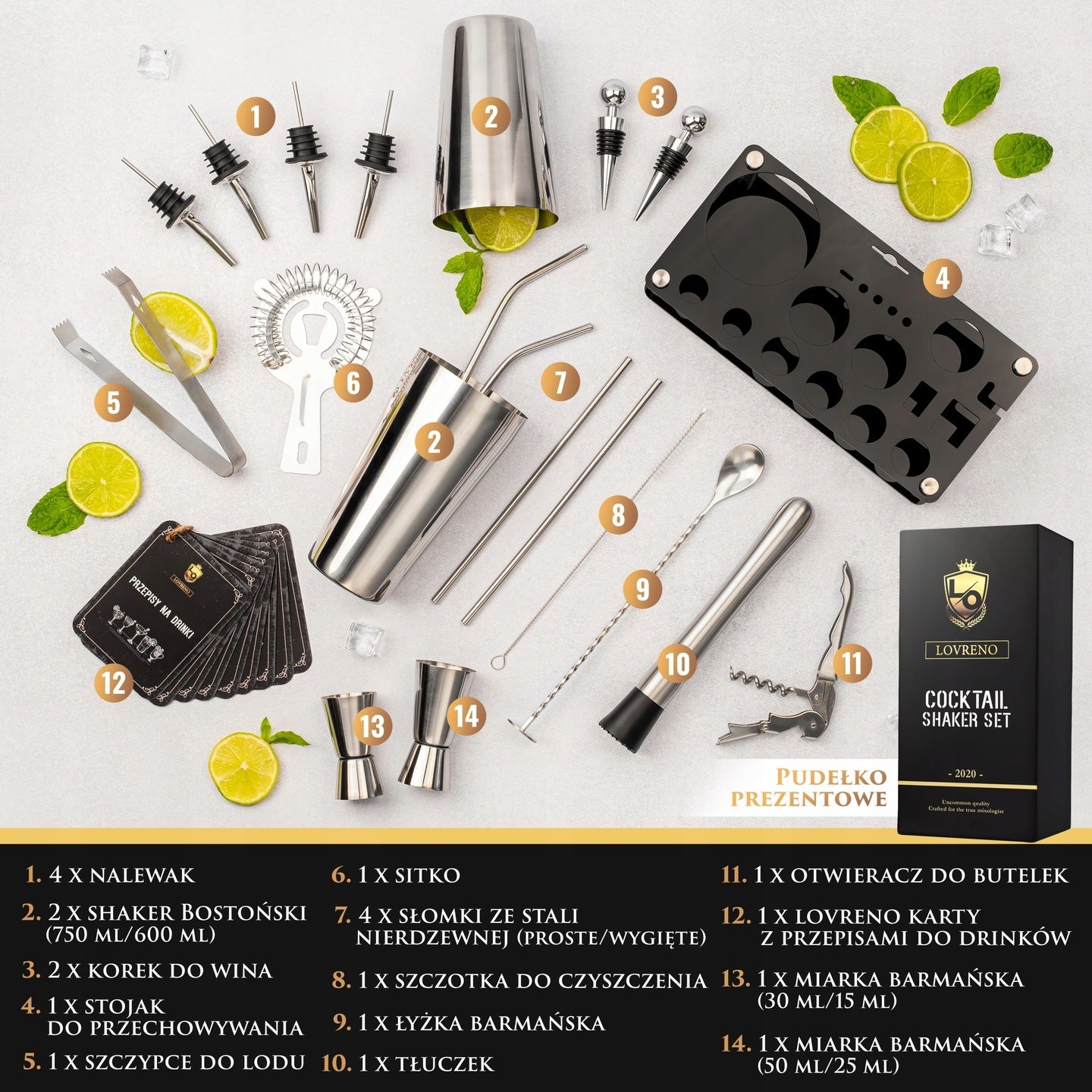 Lovreno V1 Classic — Zestaw barmański 18 elementów + karty