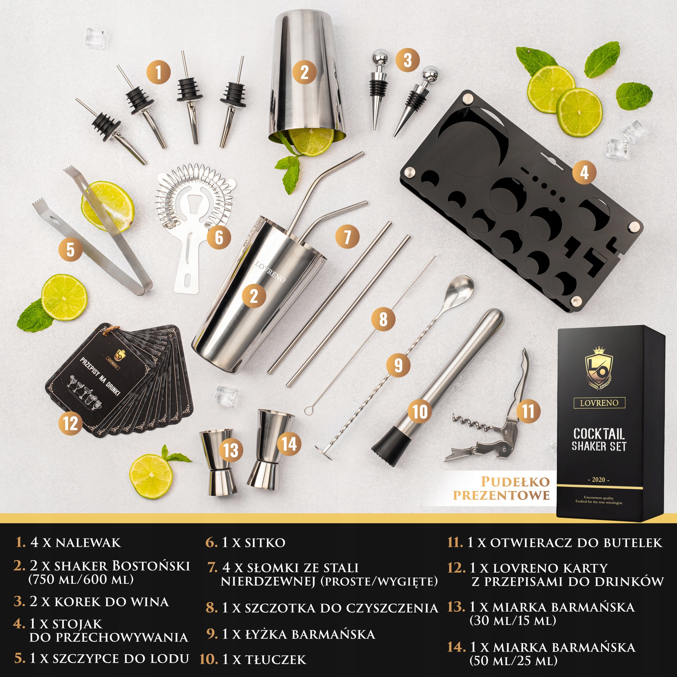 Lovreno V1 Classic — Zestaw barmański 18 elementów + karty