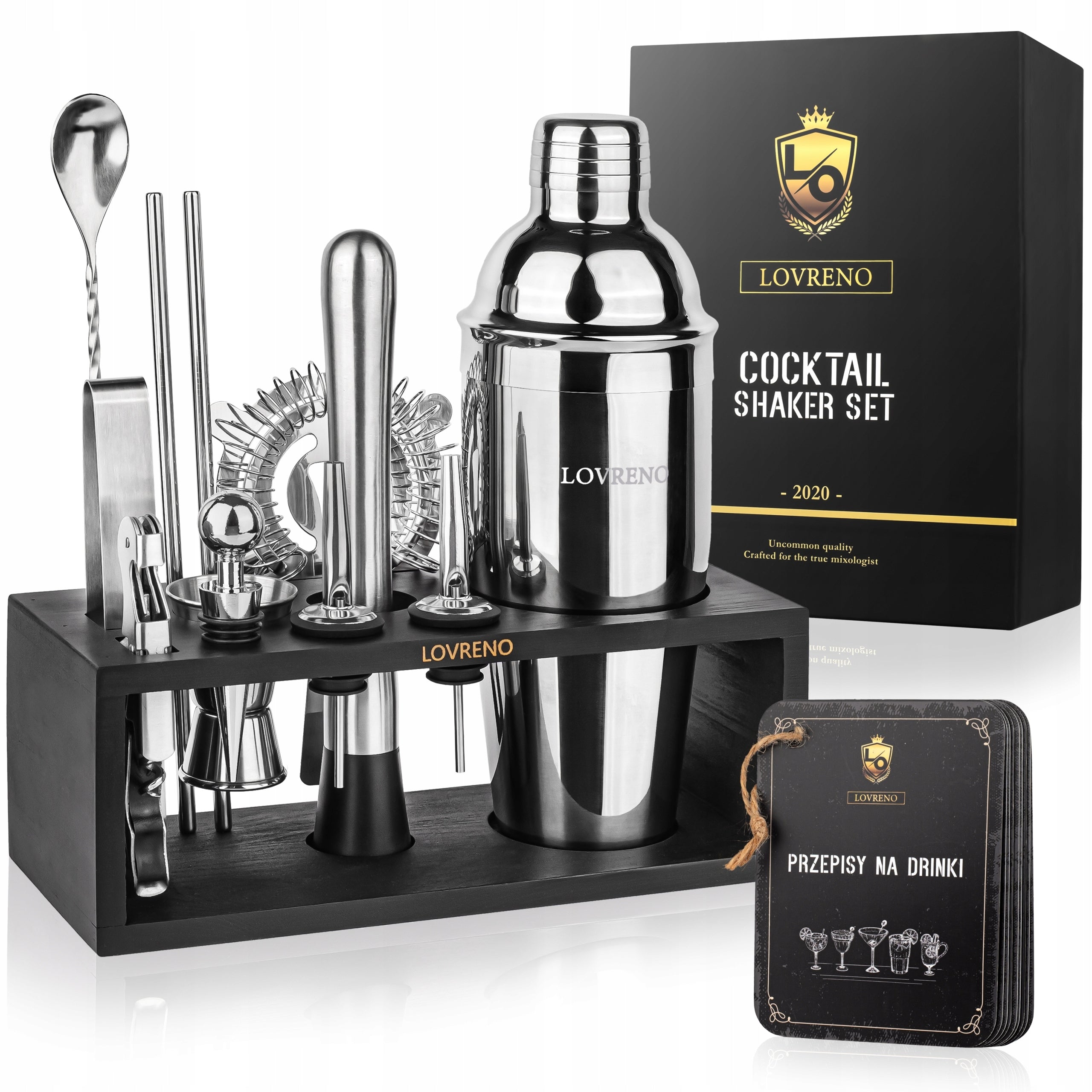 Lovreno V2 Wood — Zestaw barmański 18 elementów + drewniany stojak