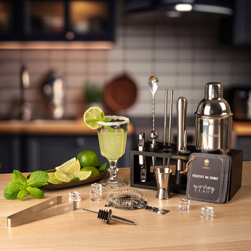 Lovreno V2 Wood — Zestaw barmański 18 elementów + drewniany stojak