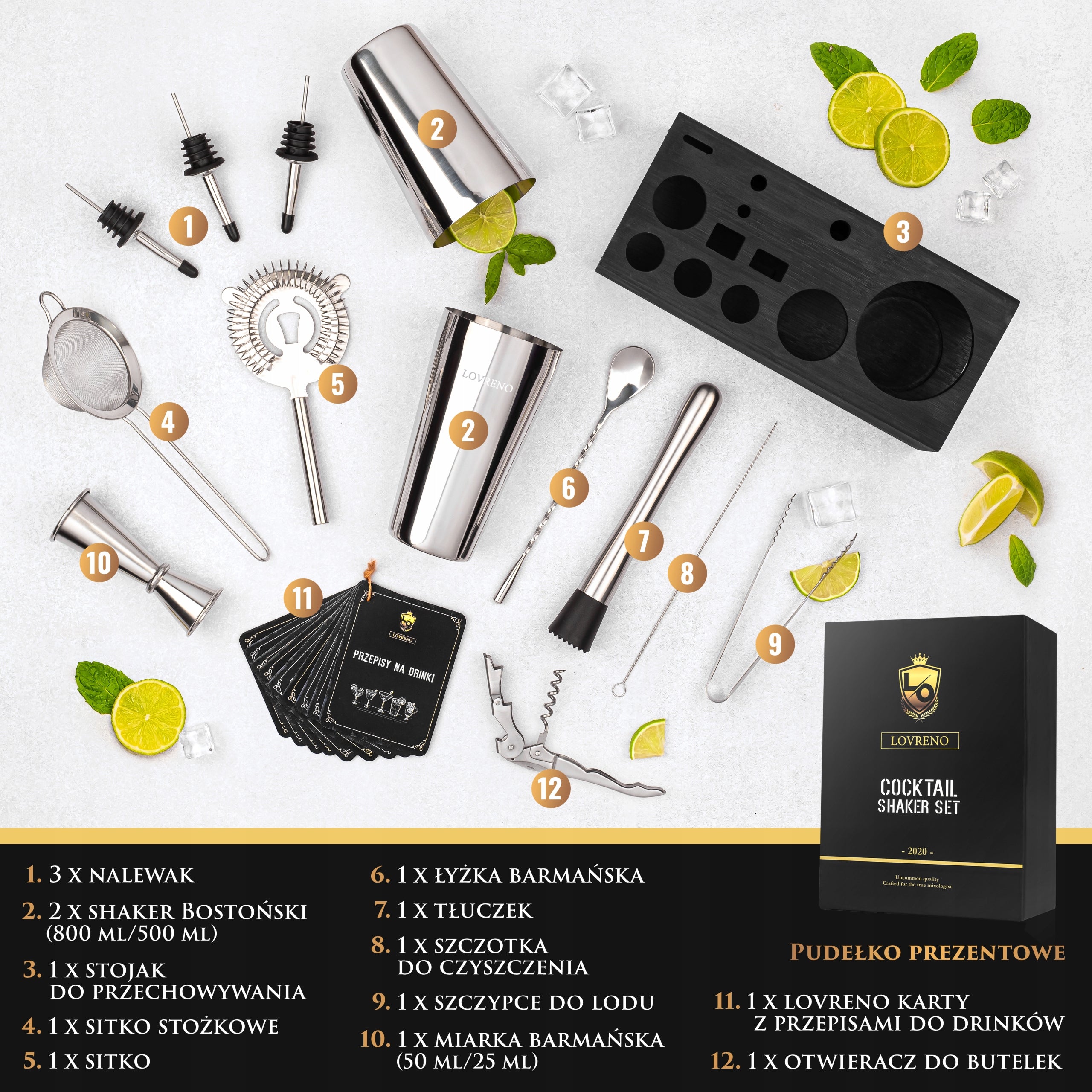 Lovreno V3 Bamboo — Zestaw barmański 15 elementów + bambusowa podstawka