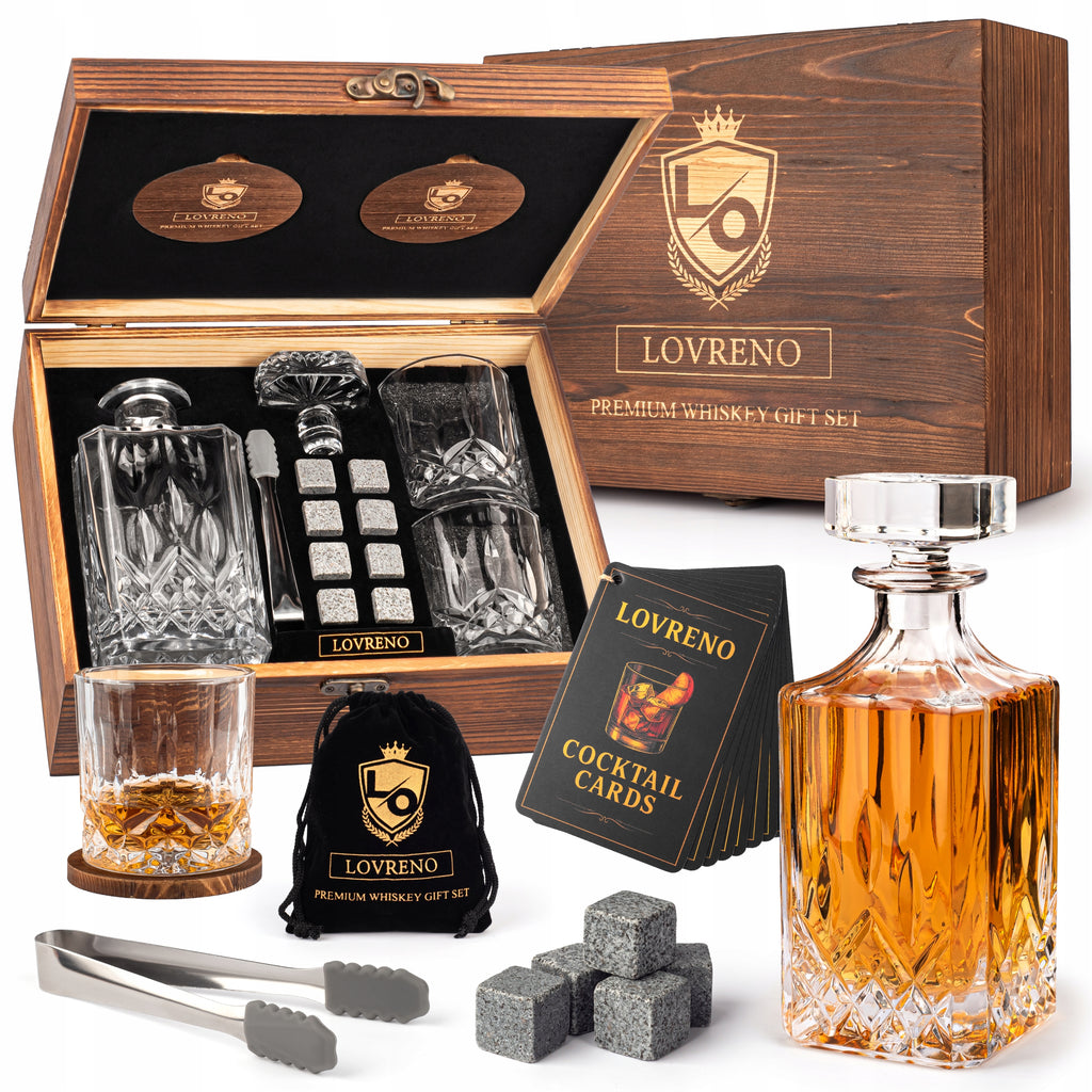 Lovreno Whisky Premium — Karafka kryształowa + 2 szklanki + kamienie chłodzące w drewnianej skrzynce