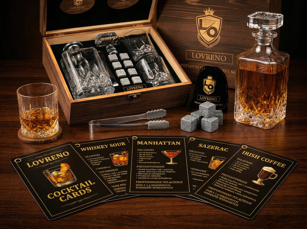 Lovreno Whisky Premium — Karafka kryształowa + 2 szklanki + kamienie chłodzące w drewnianej skrzynce