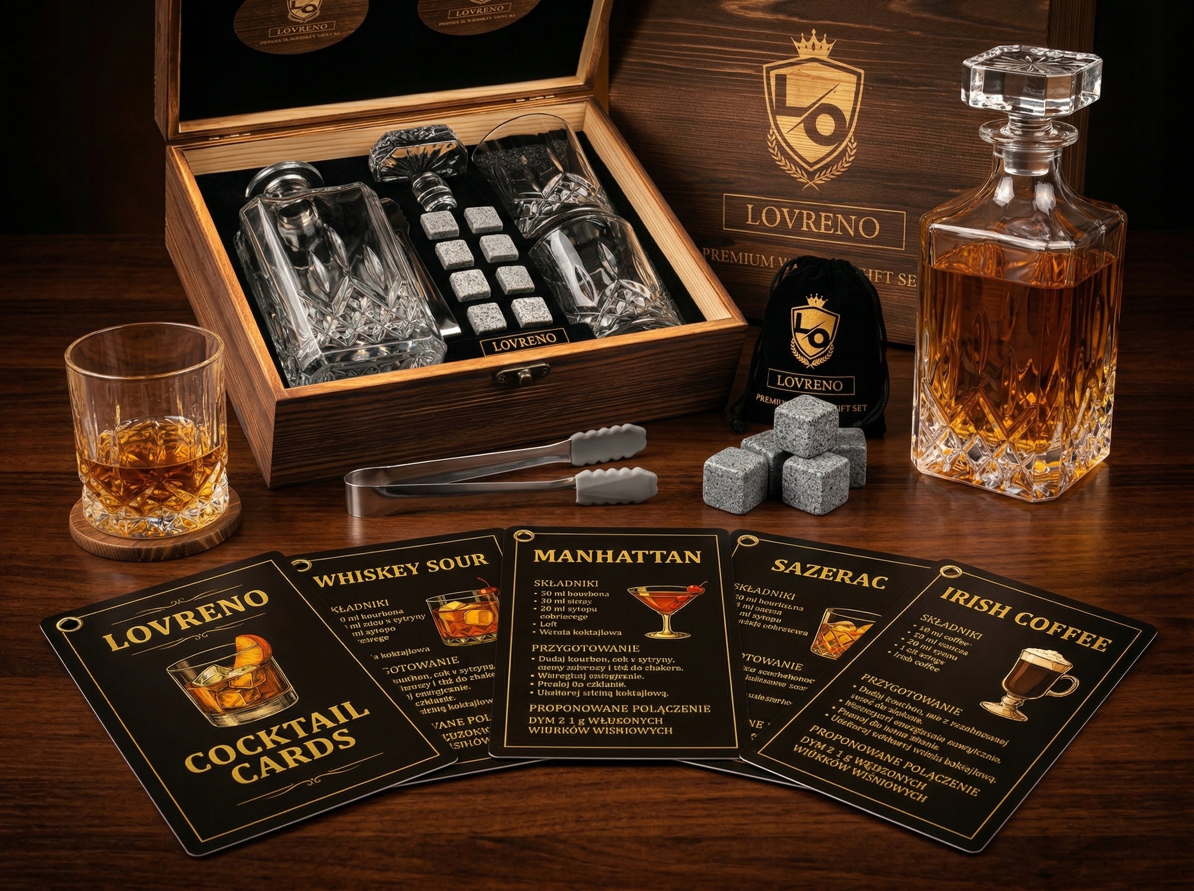 Lovreno Whisky Premium — Karafka kryształowa + 2 szklanki + kamienie chłodzące w drewnianej skrzynce
