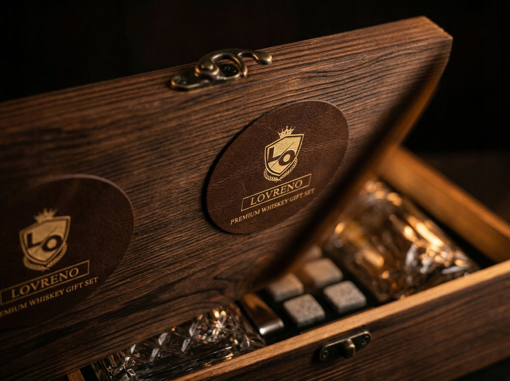 Lovreno Whisky Premium — Karafka kryształowa + 2 szklanki + kamienie chłodzące w drewnianej skrzynce