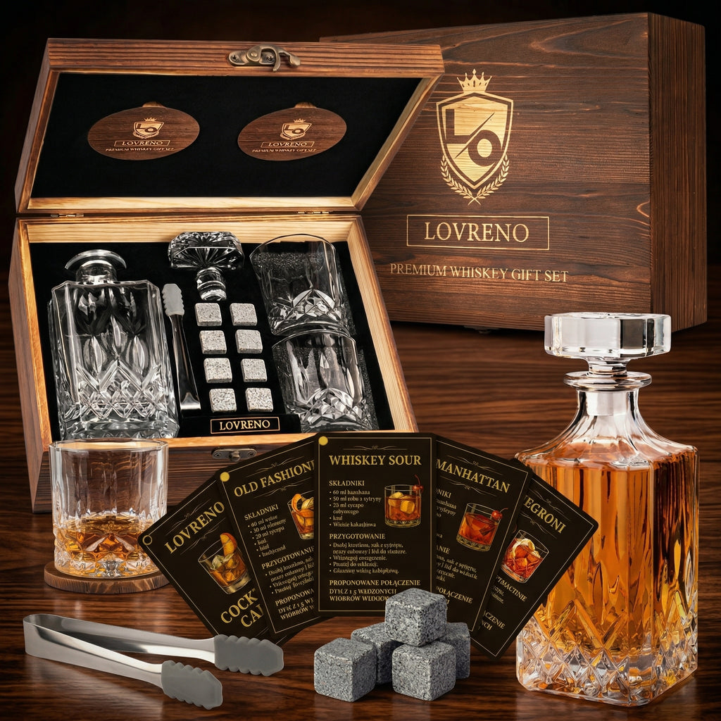 Lovreno Whisky Premium — Karafka kryształowa + 2 szklanki + kamienie chłodzące w drewnianej skrzynce