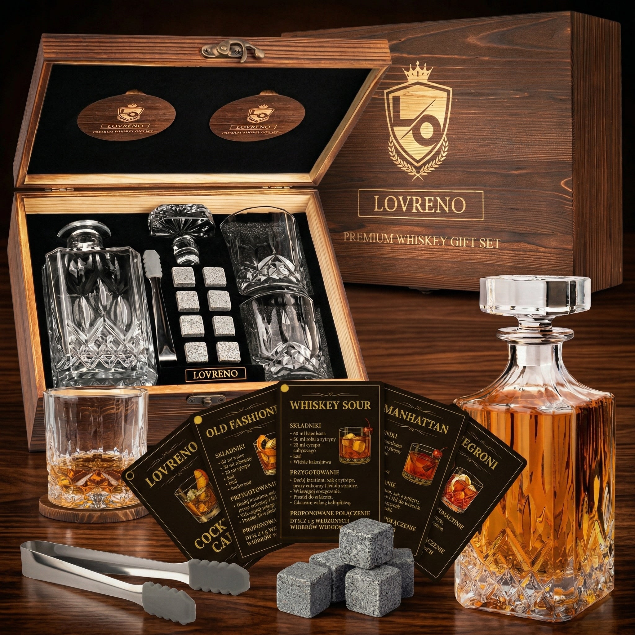 Lovreno Whisky Premium — Karafka kryształowa + 2 szklanki + kamienie chłodzące w drewnianej skrzynce
