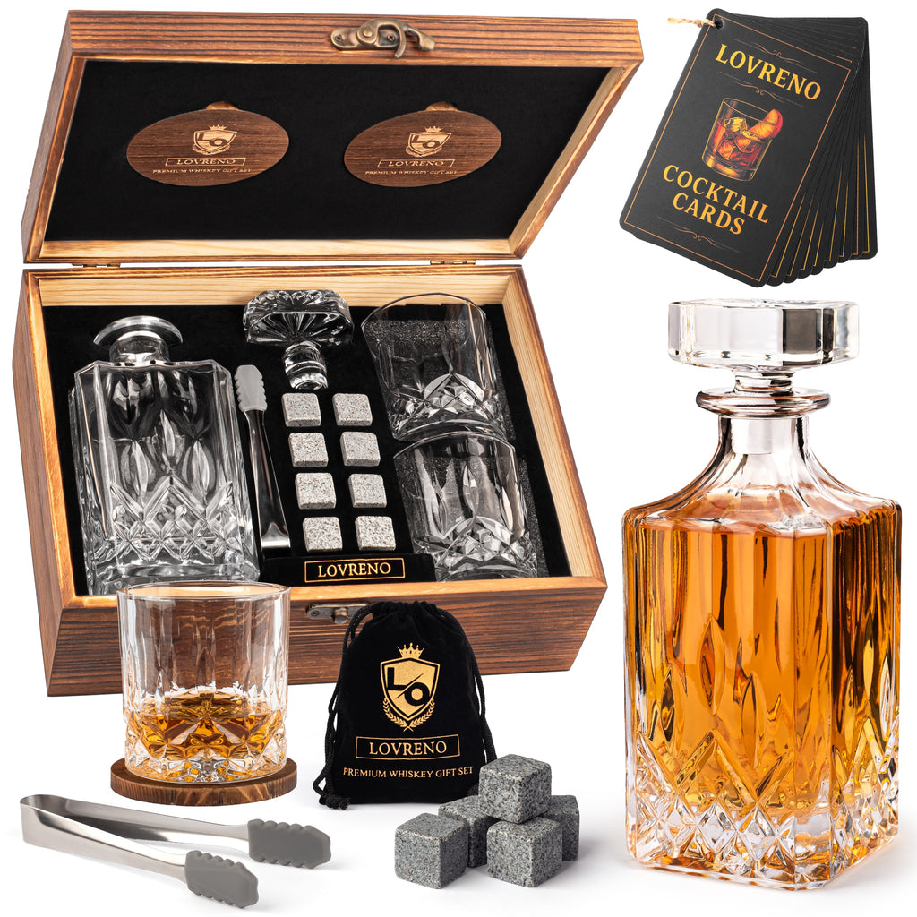 Lovreno Whisky Premium — Karafka kryształowa + 2 szklanki + kamienie chłodzące w drewnianej skrzynce